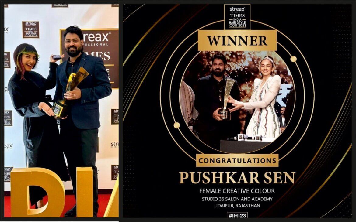 Streax Professional Times Hairstyle Icon 2023 winner Pushkar Sen receiving the trophy.